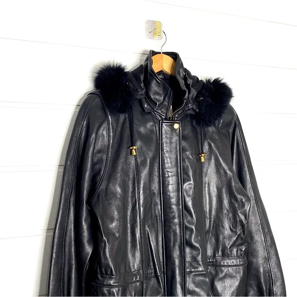 Vintage Genuine Lambskin Leather Black Parka w/ Fox Fur Trimmed Removable Hood - Picture 6 of 15